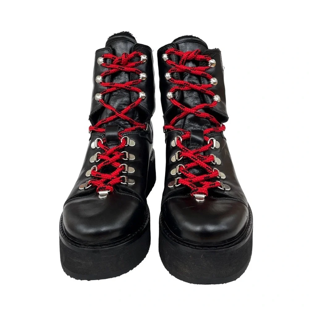 ALLSAINTS Fae Lace-Up Winter Hiker Boots, Black Leather, Red Laces, Wedge, EU 38 - Picture 2 of 10